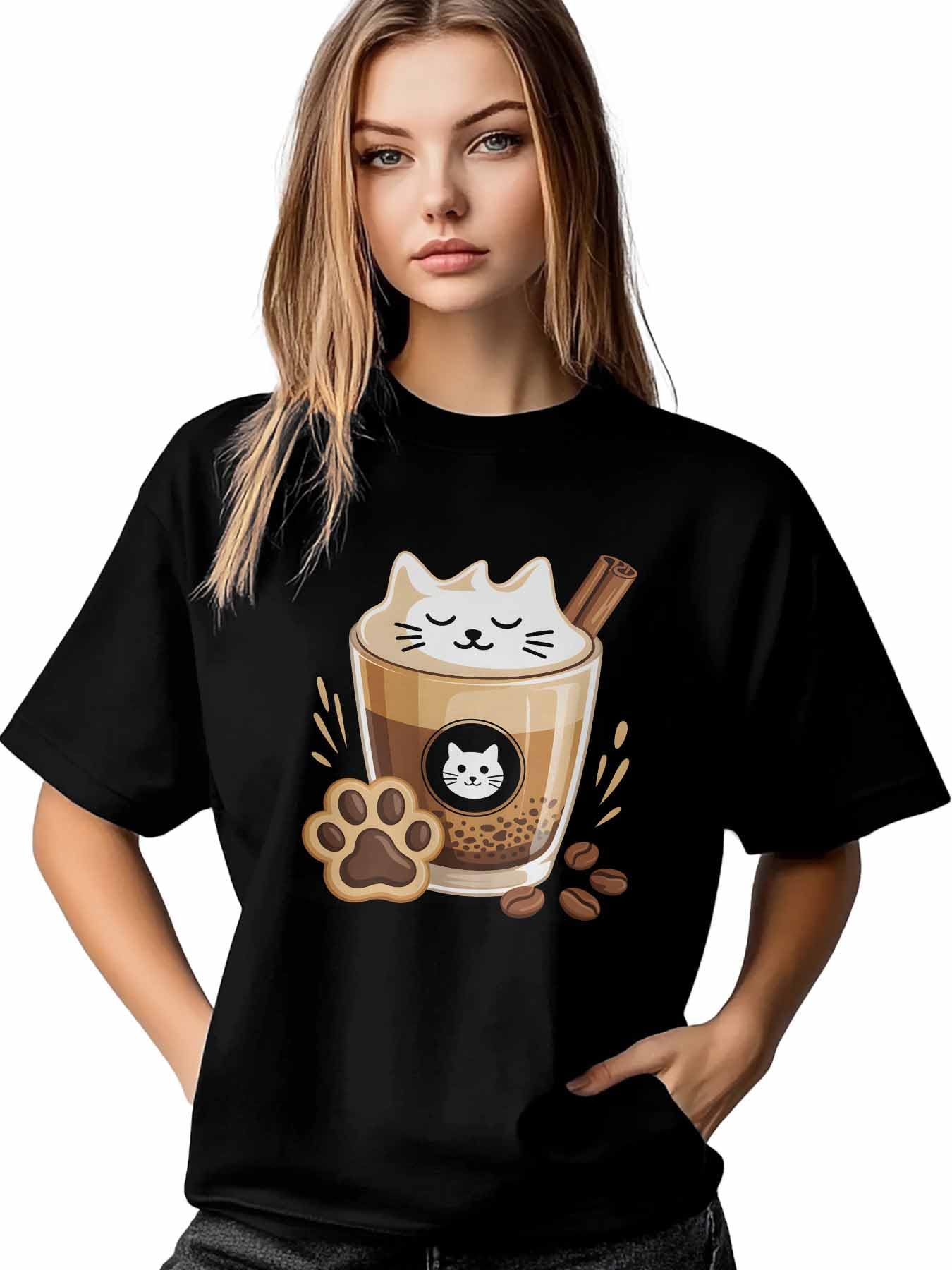 Women's T-Shirt,Short Sleeve Tee Shirts Casual Tops Coffee Cartoon Cat Crewneck T Shirt for Women