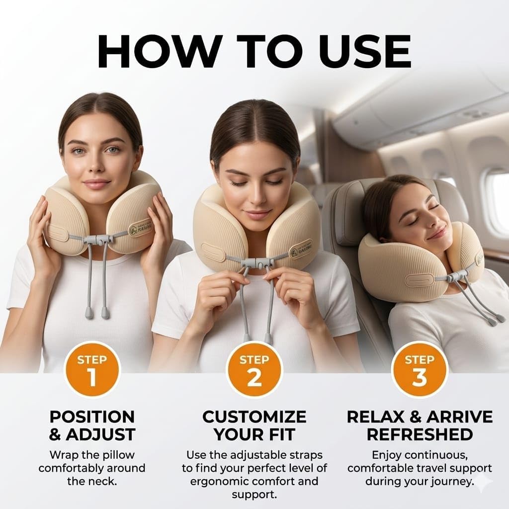 Memory Foam Neck Pillow Airplane,Neck Pillow, Travel Neck Support, Cooling Ice Silk Cover, Adjustable Chin Support, Portable Carry Case, Beige