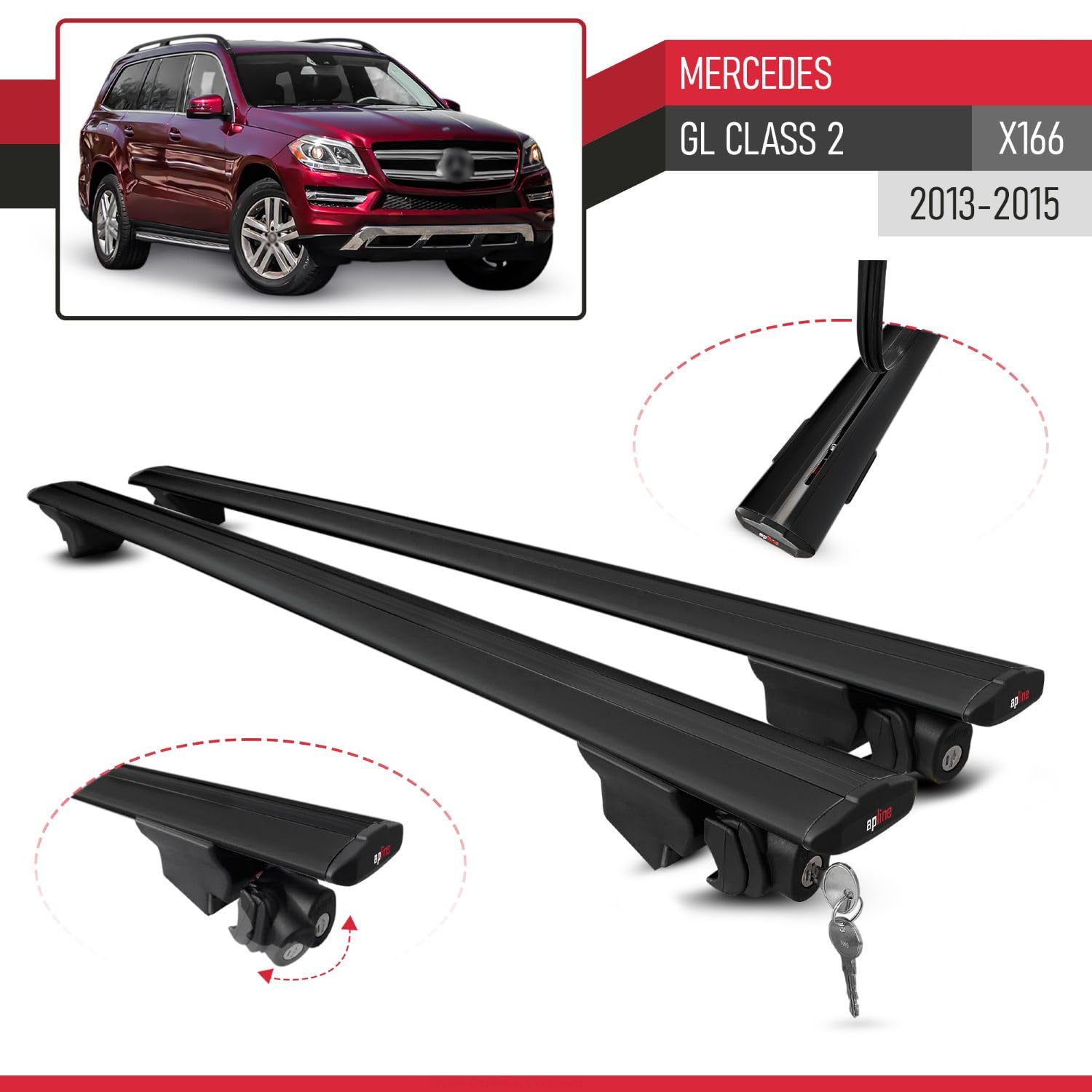 Kompatybilny z Mercedes GL Class 2 (X166) Pre-Facelift 2013-2015 HOOK Model Aluminiowe poprzeczki dachowe Czarny 2 szt.