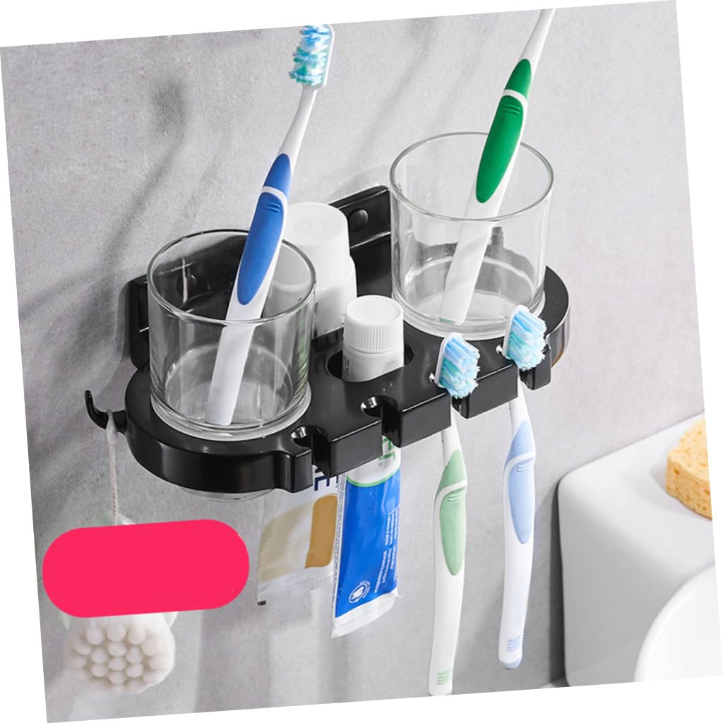 PLAFOPE Porta Cepillos de Dientes sin Taladro de Aluminio Soporte Doble con Vasos y Ganchos para Baño Antióxido Fácil Instalación Diseño Compacto Negro