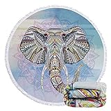 Violet Mist Mandala Round Beach Towel Elephant Round Beach Blanket 60 inch Oversized Microfiber Bohemian Blanket Extra Large Swim Pool Bath Circle Towel with Tassels for Women Men Adults