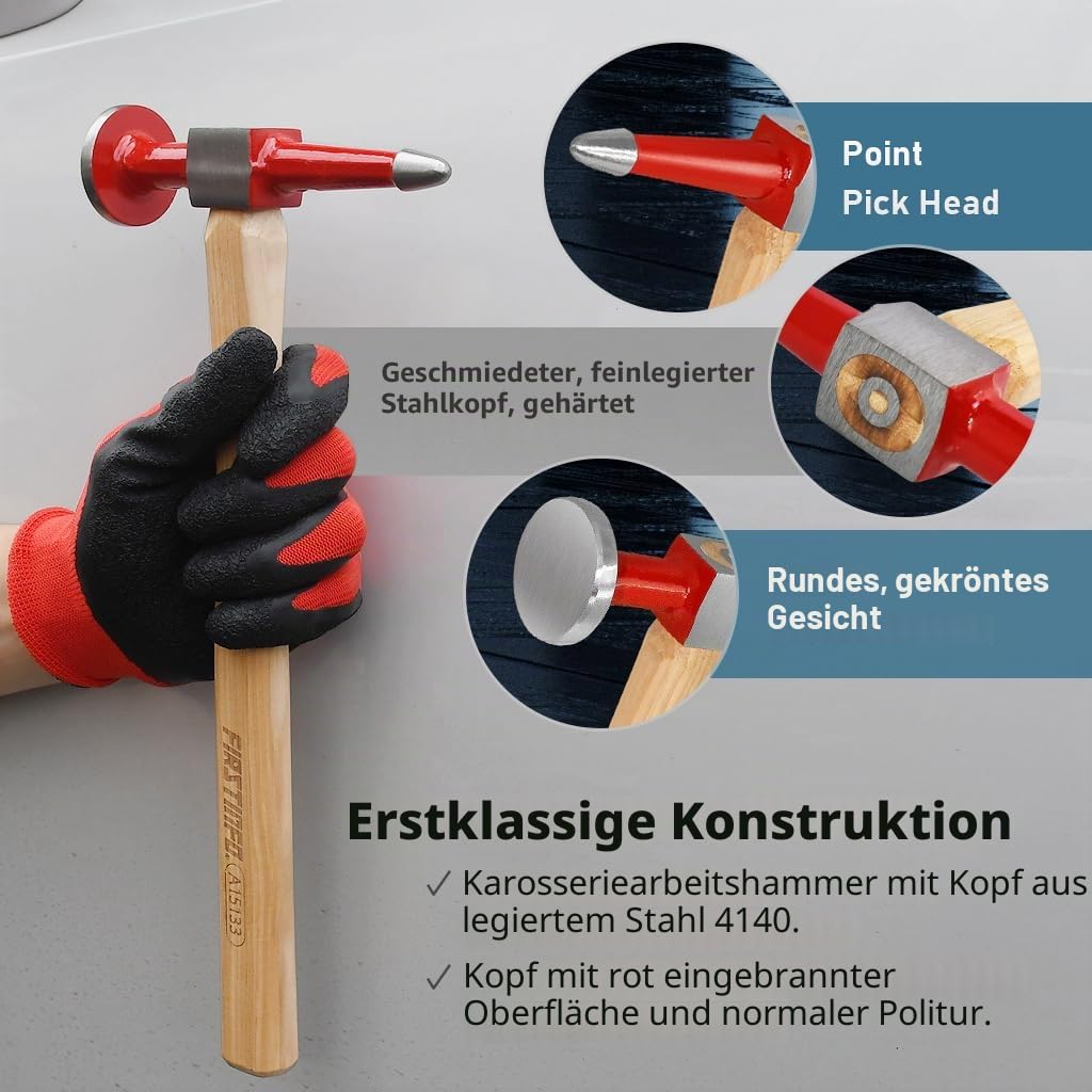 FIRSTINFO A15133 | Karosserie-Spitzhammer | Karosseriehammer | runder & flacher Kopf | Pick & Round Face for Auto Body Repair, Metalworking & Panel Beating with Hickory Handle & 4140 Alloy Steel Head, A15133