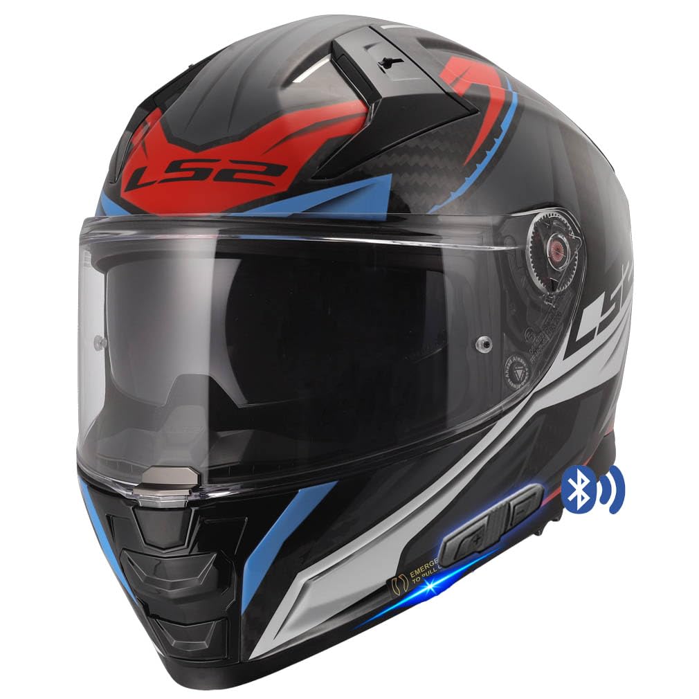 Designed LS2 FF811 Vector II Carbon Savage Azul Rojo Bluetooth Sena Integrado - Casco de Moto Integral con Visor Solar, Pinlock y Pantalla Oscura - Helmets Unisex Hombre y Mujer - ECE 22.06