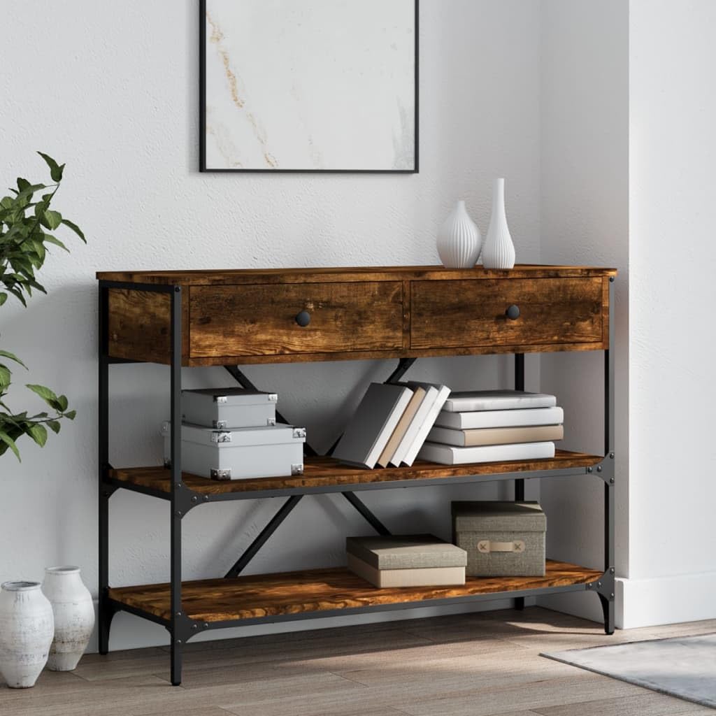 SXZenSpace Console Table with Drawers and Shelves 100 x 34.5 75 cm Smoked Oak Engineered Wood Steel Frame Hallway Side Sofa Occasional for Living Room Corridor Bedroom