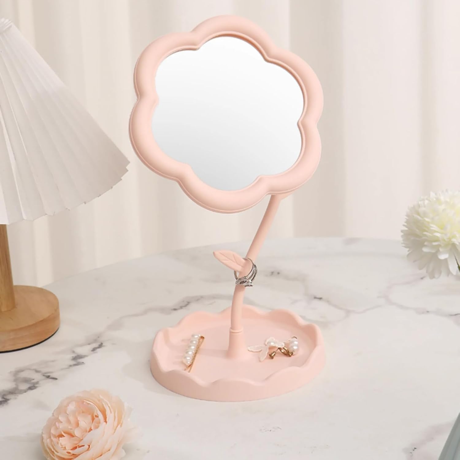 YEPZY Flower-Shaped Makeup Mirror, Rotatable Makeup Mirror with Tray Table Vanity Mirror Cute Flower-Shaped Mirror for Tabletop, Bedroom, Bathroom, Living Room(29L*16W) 2