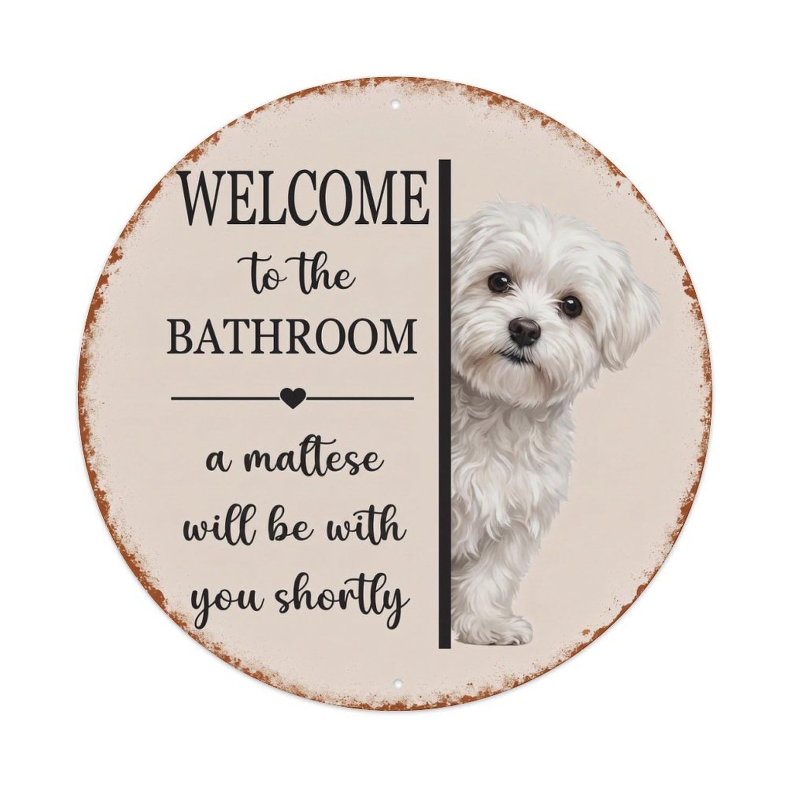Vintage WELCOME To The BATHROOM Maltese Dog Metal Tin Sign