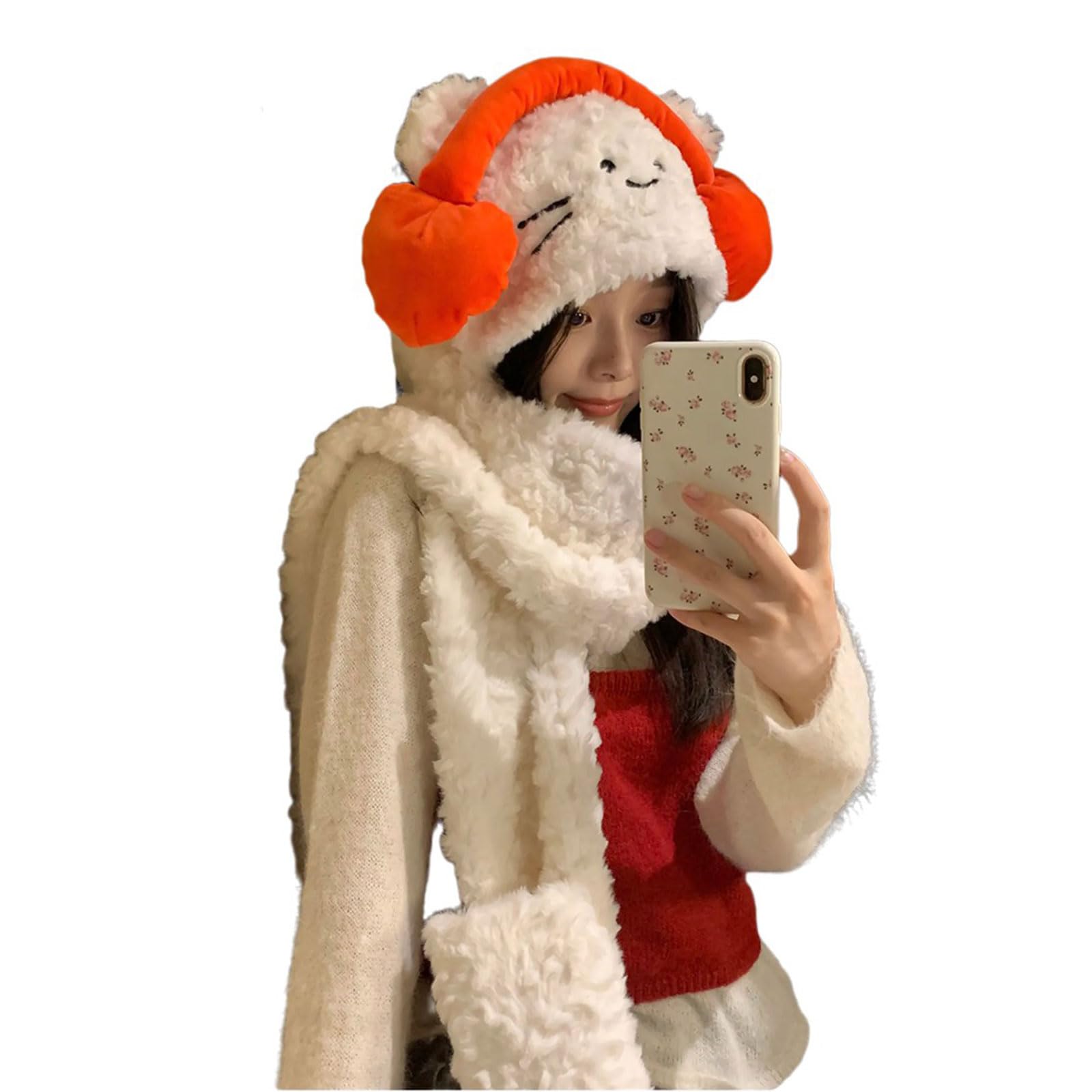 Neck Scarf Gloves Hat for Women Teens Winter Autumn Warm Trapper Hat Windproof Ear Flap Hat for Outdoor Hiking Skiing Orange