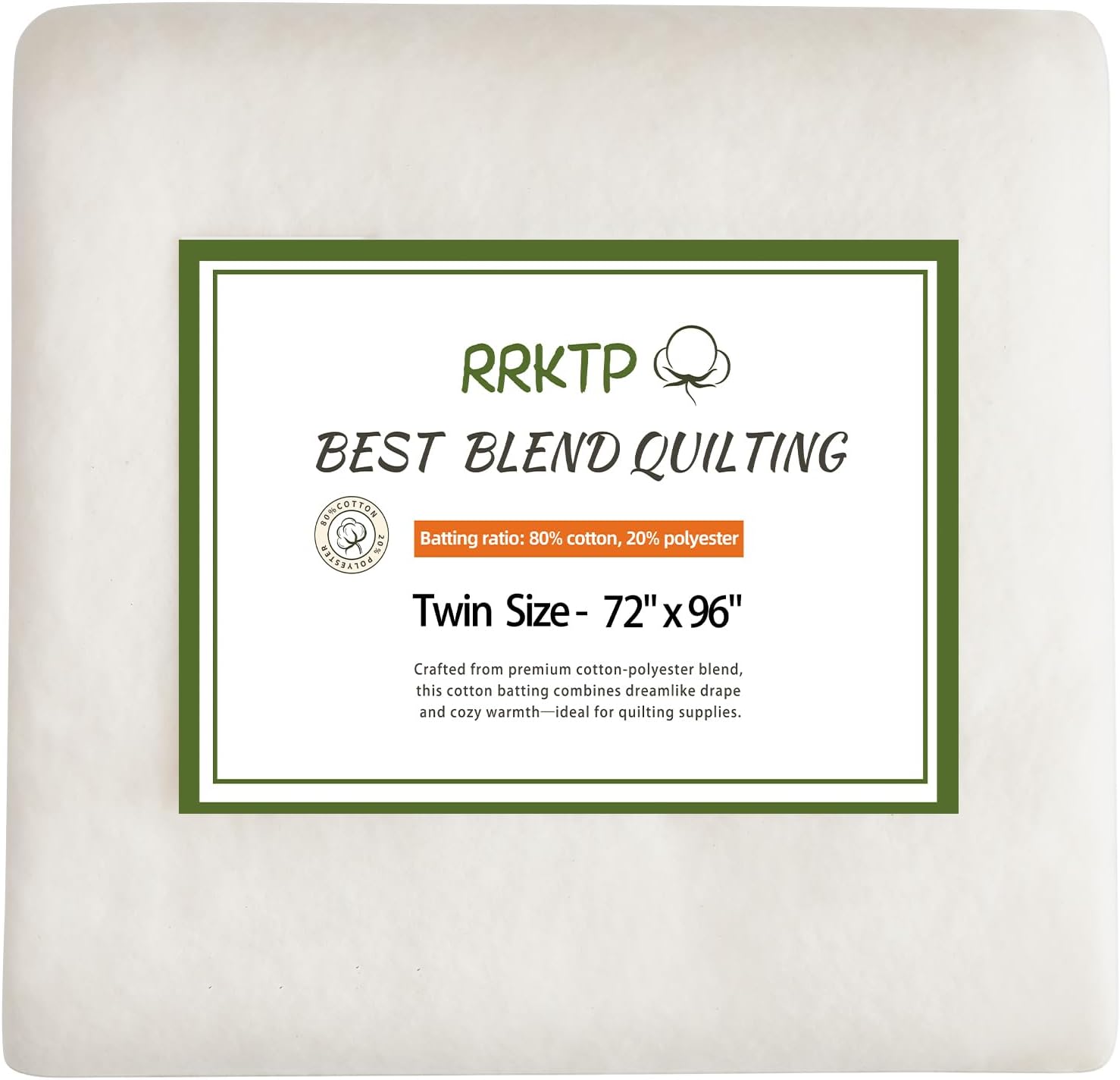 RRKTP Quilt Batting Twin Size 72"x 96",80/20 Cotton Poly Batting for Quilting,All Season Batting for Craft,Warm Soft Natural Cotton Batting for Quilts Quilting & Quilting Supplies