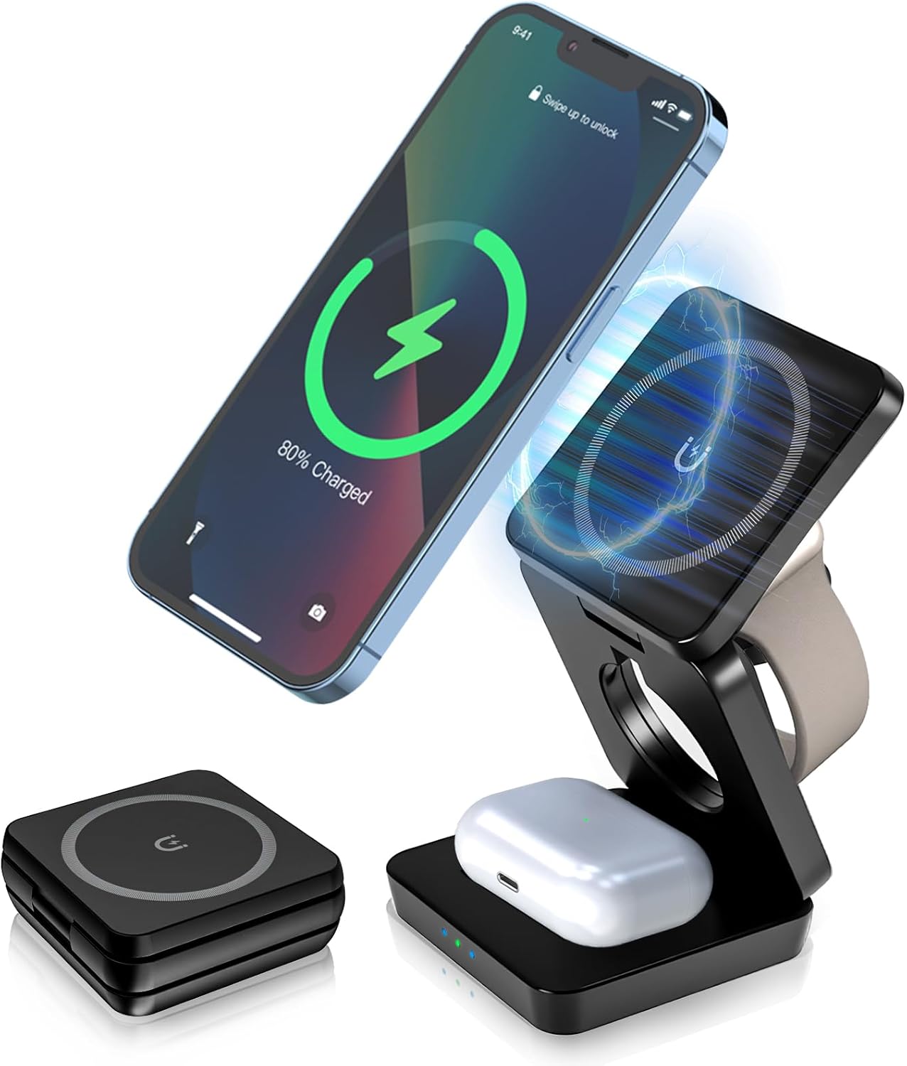 3 in 1 Faltbare Kabellose Ladestation, Induktive Ladestation für Apple Watch und Phone, Wireless Charger für Phone 17/16/15/14/13/12 Serie, für iWatch Ultra/10/9/8/7/6/5/4/3/2/SE/AirPods
