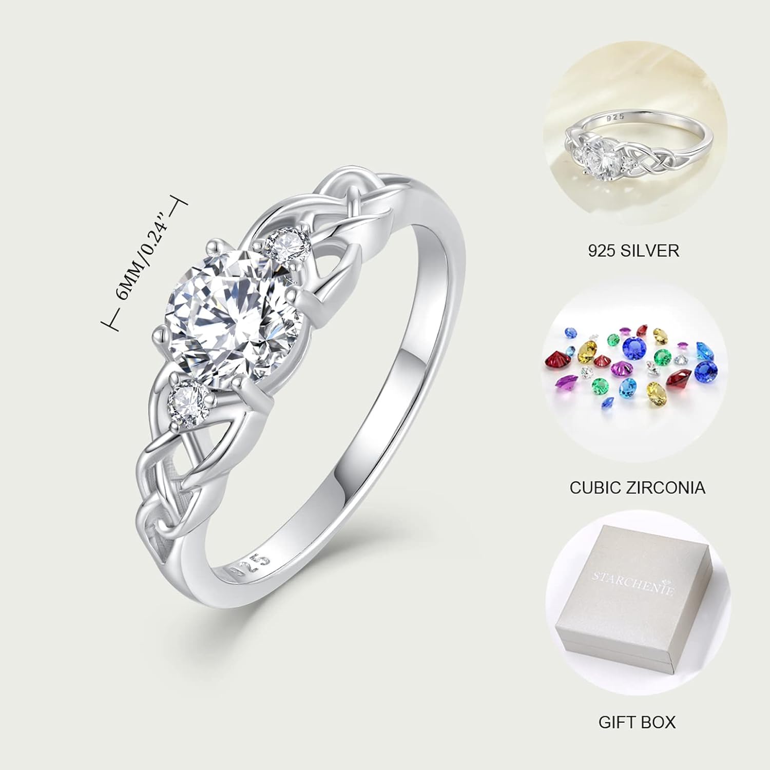 STARCHENIE Celtic Knot Ring for Women 925 Sterling Silver 3-Stone Promise Ring Size 5-10 - Image 6