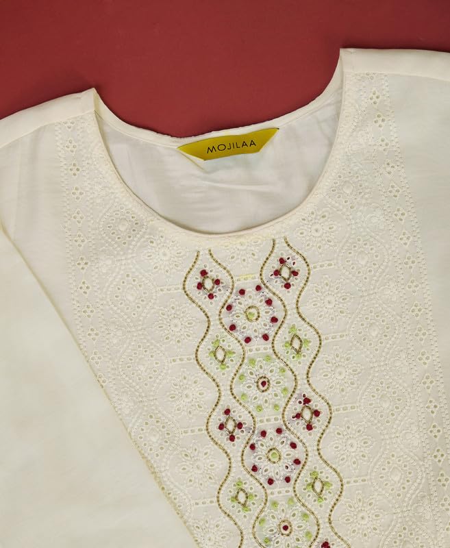 Image of MOJILAA Women Off-White Chanderi Silk Embroidered Chikankari Kurta With Pant & Dupatta | Chanderi Silk Salwar Suit | Chikankari Suit | Beads & Stones Kurta Set | Straight Salwar Kameez
