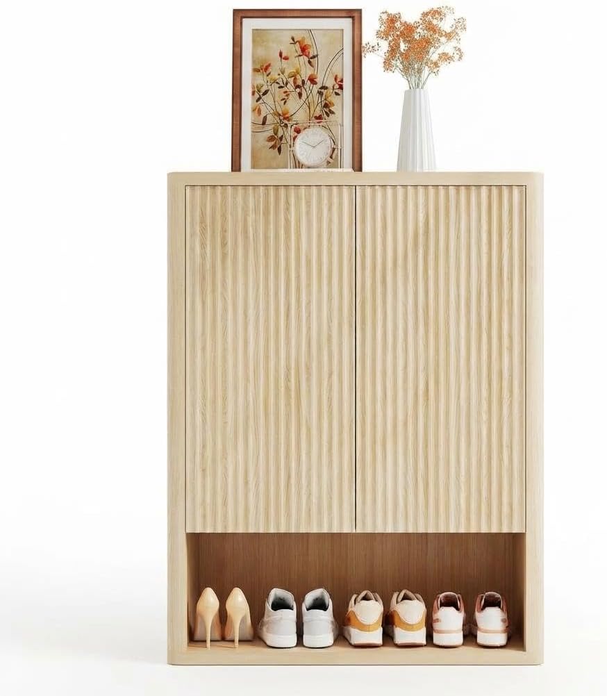 2 Fluted Doors with 5 Tier Shoe Cabinet, Freestanding Entryway Storage Cabinet with Adjustable Shelves for Living Room, Hallway, Porch, Oak