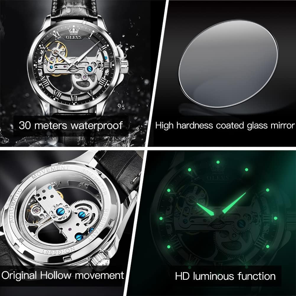 OLEVS Skeleton Watches for Men Automatic Self Winding Mechanical Luxury Dress Leather Waterproof Luminous Men Wrist Watch - Image 6