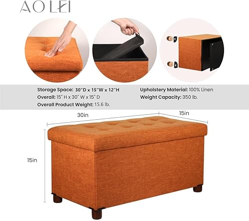Miniatura 3 de Ao Lei Banco otomano de almacenamiento de 30 pulgadas, banco de almacenamiento con patas de madera para sala de estar, otomano, reposapiés, tapa