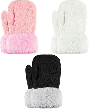 3 Pairs Toddler Mittens Winter Warm Knit Gloves Lined Fleece Gloves Mittens for Baby Girls Boys 1-3 Years