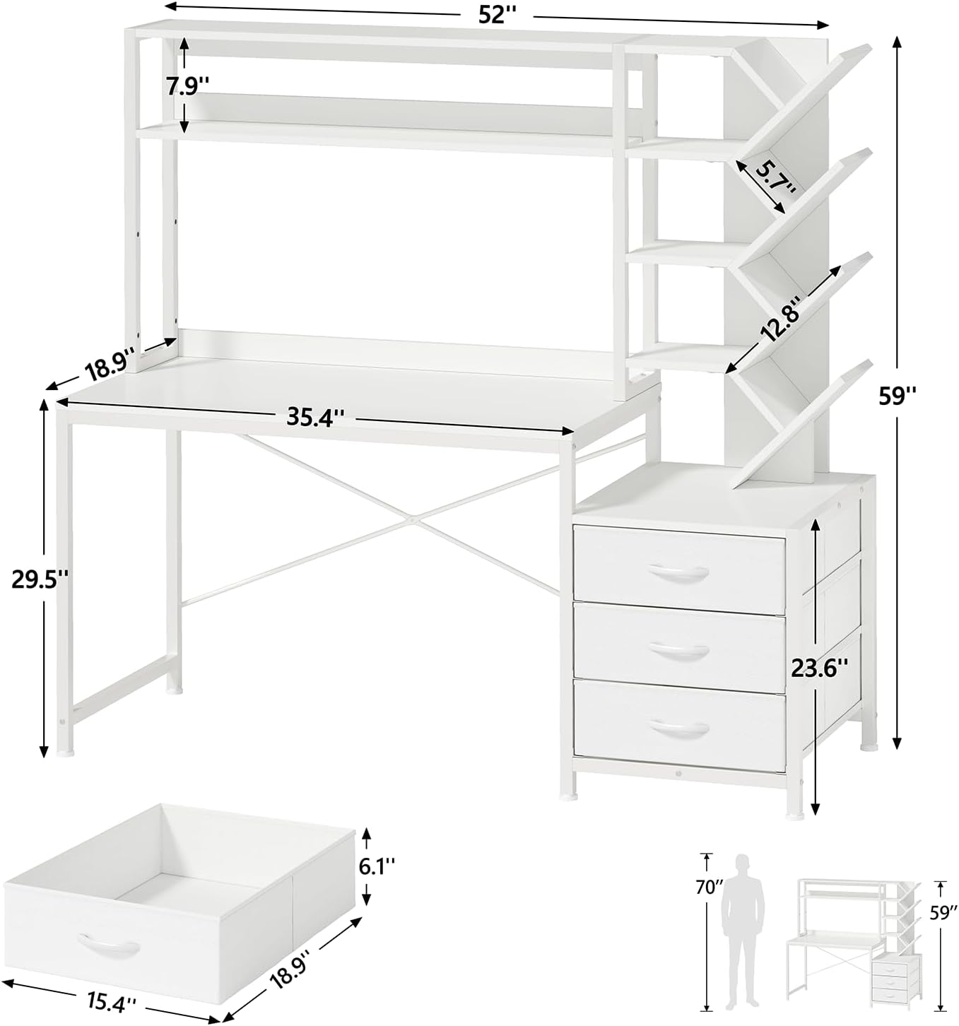Reversible Computer Desk with Hutch, Home Office Desk with Drawers and Bookshelf, 52'' Study Writing Desk with Storage Shelves for Bedroom Home Office, White