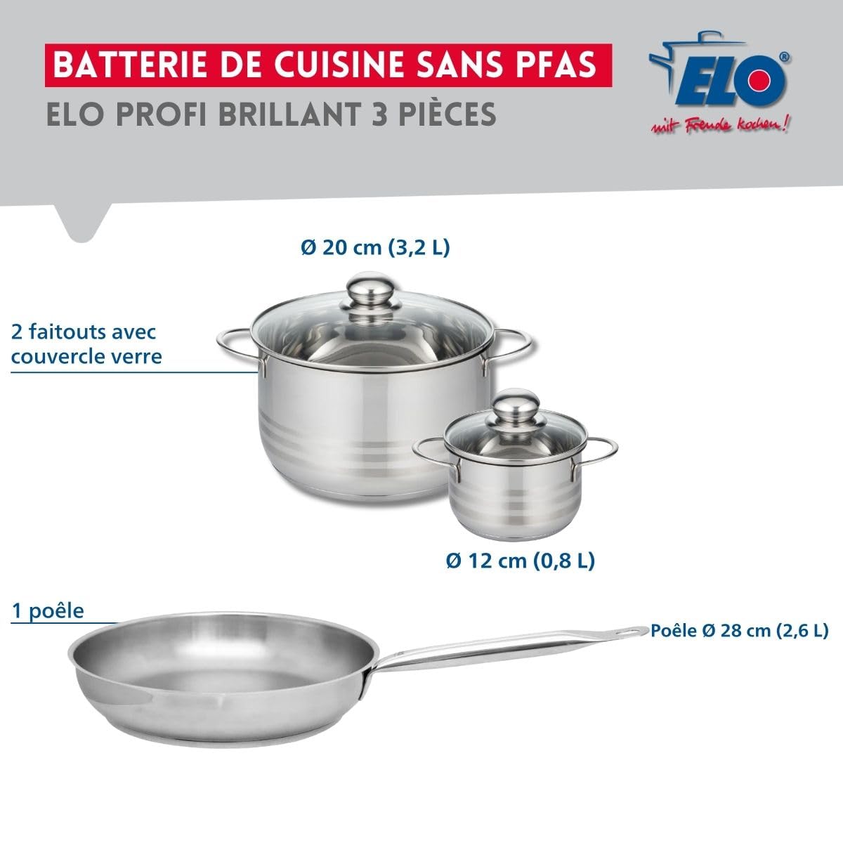 Elo Batterie cuisine poêle 28 cm et 2 faitouts 12/20 cm
