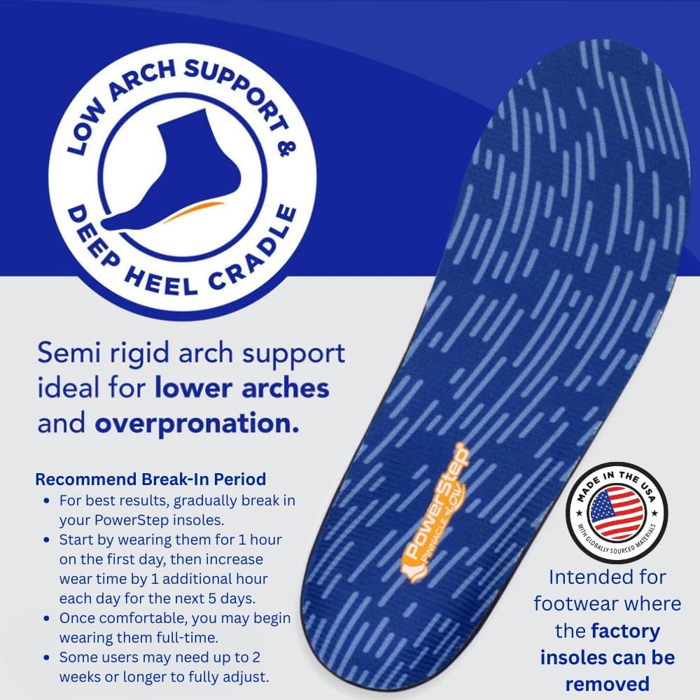 PowerStep Pinnacle Low, PowerStep Insoles, Flat Feet, Plantar Fasciitis Relief, Overpronation, Arch Support, Heel Pain, All Day Comfort, Pain Relief, Made in USA (Men's 11-11.5)