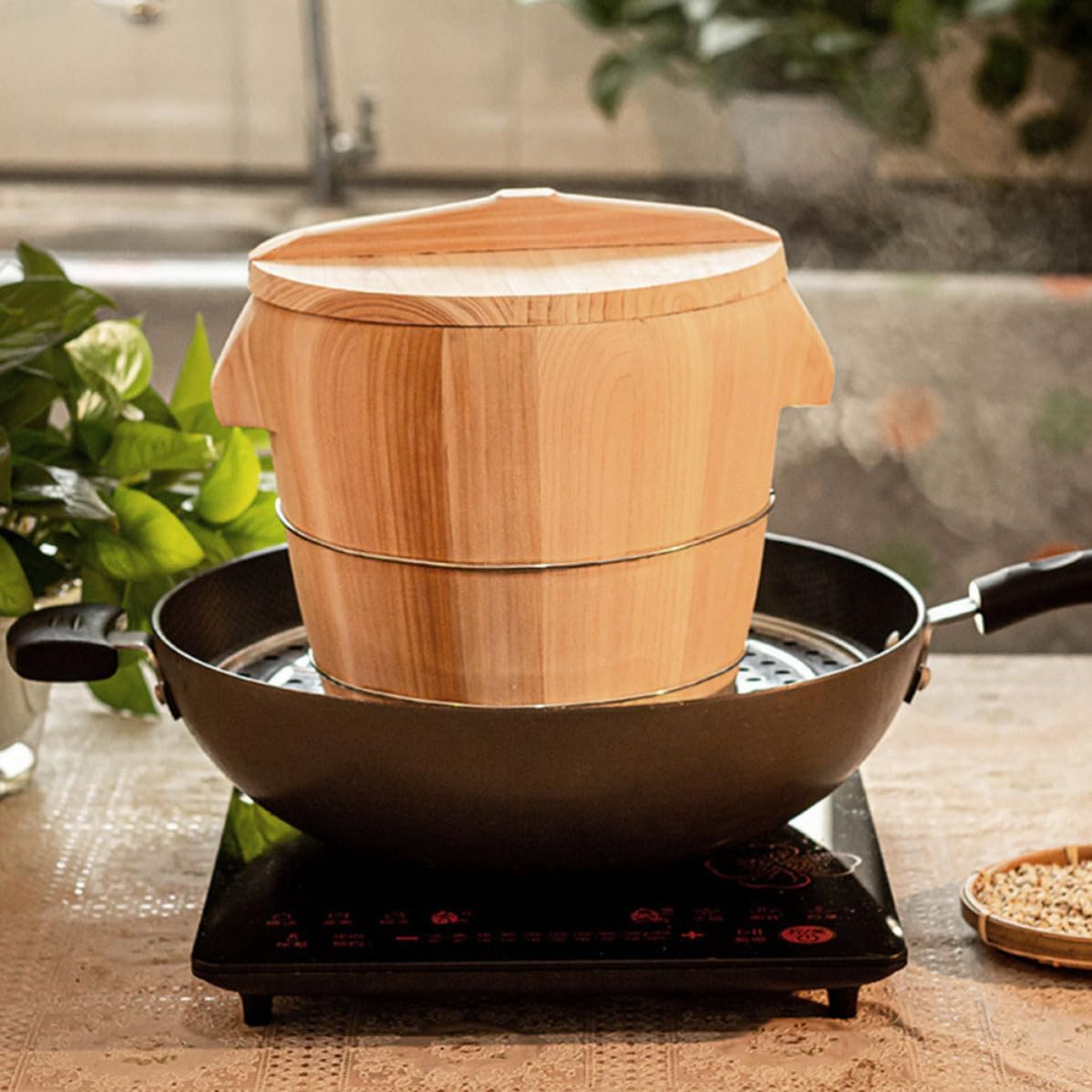 Wooden Steamed Rice Bucket with Lid, round Serving Barrel