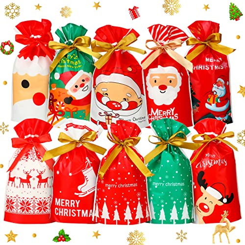 Lowest Price 60 Pieces Christmas Candy Plastic Drawstring Bags Merry Christmas Treat Bags Cookies Bags for Christmas Party Birthday Party Snack Wrapping Wedding Present Party Favor