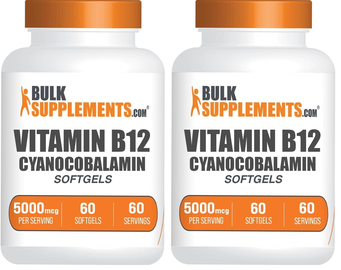BulkSupplements.com Vitamin B12 5000 mcg Softgels - as Cyanocobalamin, Vitamin B12 Supplements, for Energy Support - Gluten Free, 1 Softgel per Serving, 60 Count (Pack of 2)