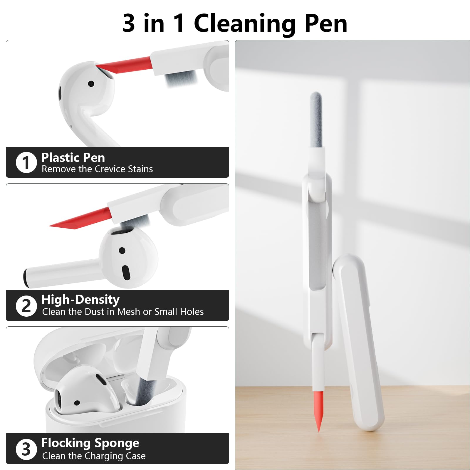 KOKOKA Custodia Case Compatibile con AirPods 4 2024 con Kit di Pulizia, Case Cover Protettiva in Morbido Silicone per AirPods 4ª Generazione con Moschettone, LED Anteriore Visibile, Nero - 3