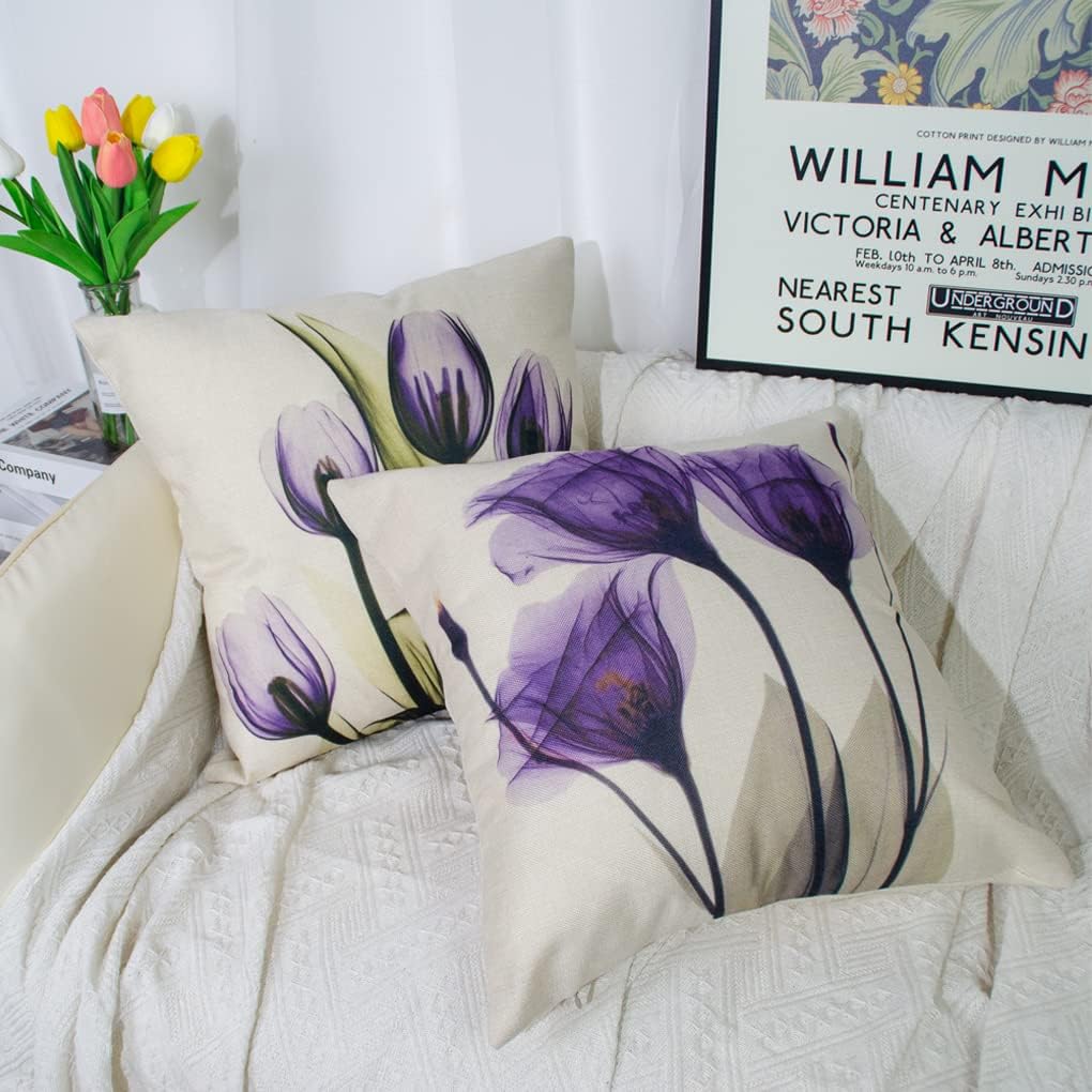 Cushion Cover 50 x 50 cm, Set of 4 Cushion Covers, Purple Tulip Art Flower, Decorative Cushion, Modern Sofa Cushion, Linen Cushion Cover, Decorative Cushion, Aesthetic Couch Cushion for Sofa,