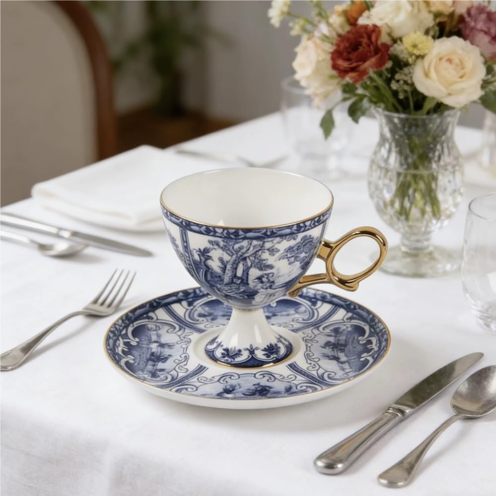 Zestaw filiżanek i spodków z porcelany kostnej, vintage niebiesko-białe filiżanki do kawy do latte i cappuccino