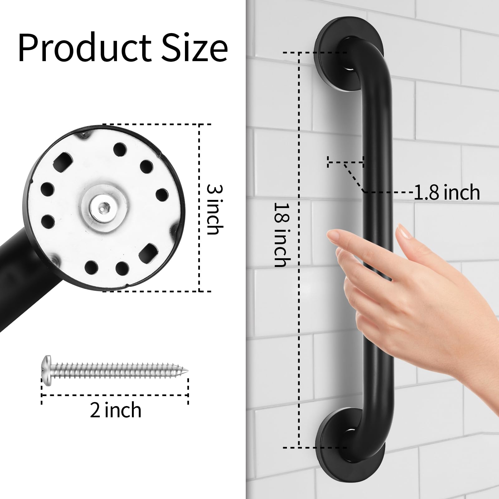 Lot de 2 barres d'appui pour personnes âgées avec vis dissimulées - 45,7 cm - Noir