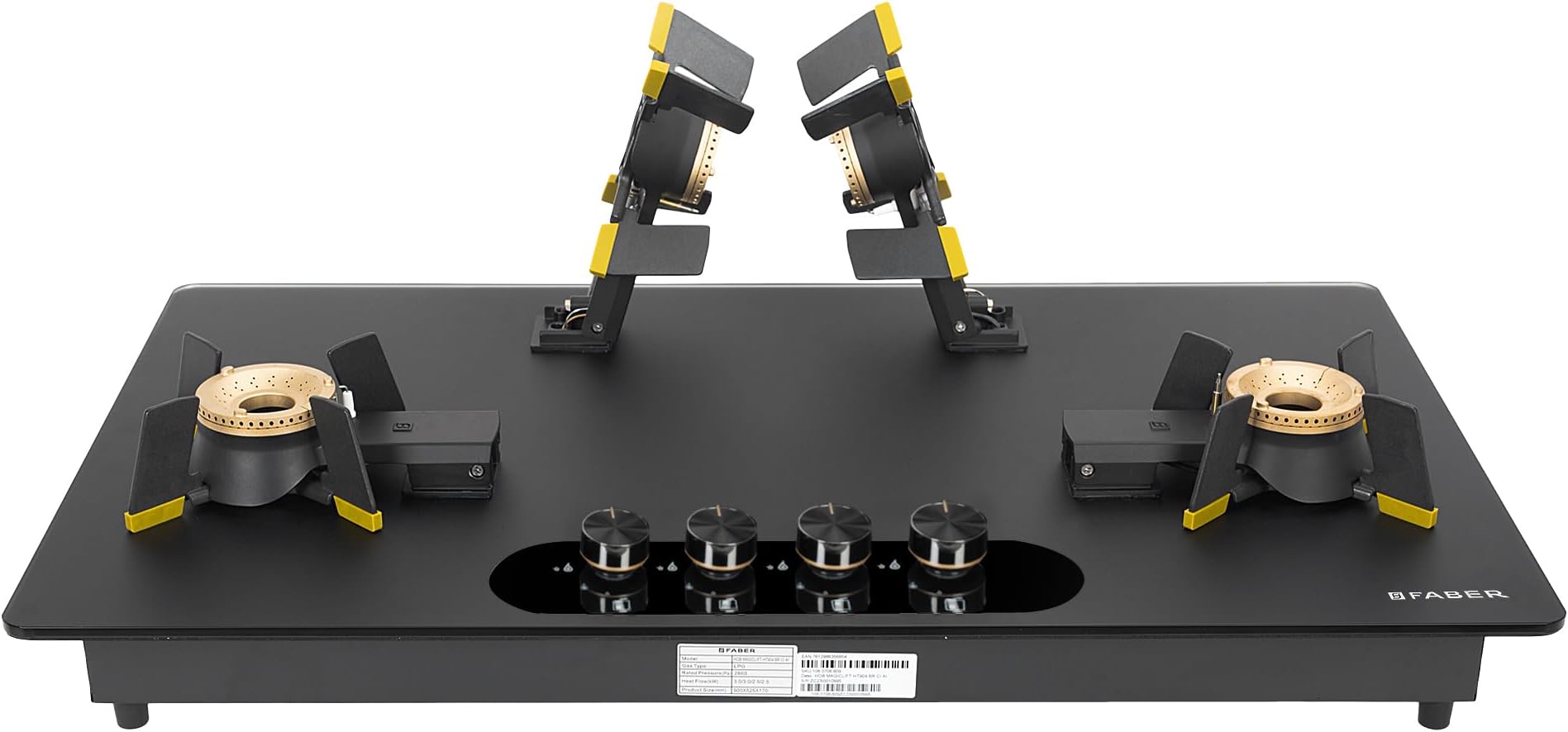 Liftable Burners Hob - 90cm Black Glass| Auto Ignition| FFD| Cast Iron Pan Support| Premium Knobs| 2Yr Comprehensive Warranty, 5Yr on Glass, Burners & Valves| Hob Magiclift HT904 BR CI AI