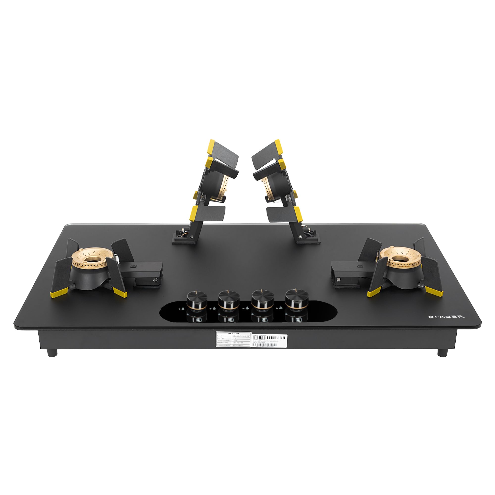 Faber Liftable Burners Hob - 90cm Black Glass| Auto Ignition| FFD| Cast Iron Pan Support| Premium Knobs| 2Yr Comprehensive Warranty, 5Yr on Glass, Burners & Valves| Hob Magiclift HT904 BR CI AI