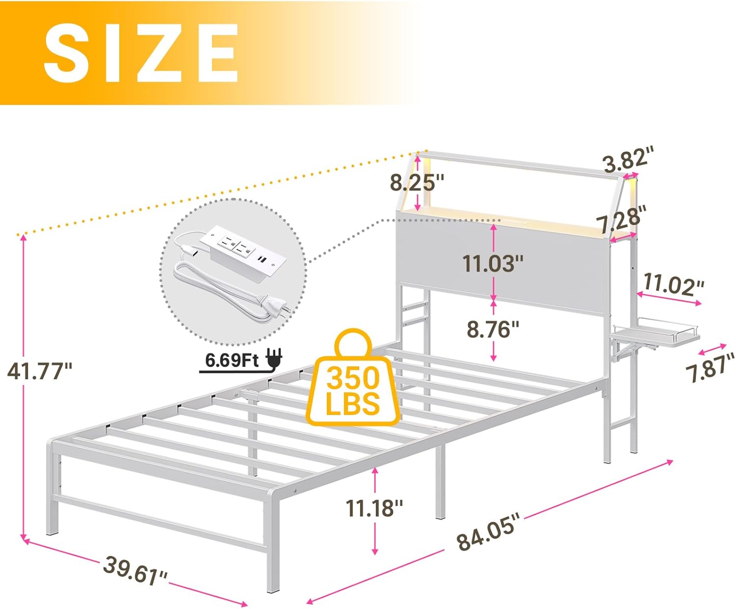 Weehom Twin Bed Frames, Modern Twin Size Bed Frames with Charging Station & LED Light, Twin Bed with Storage- 2-Tier Shelves, Foldable Side Shelf, No Box Spring Needed, White - Image 2