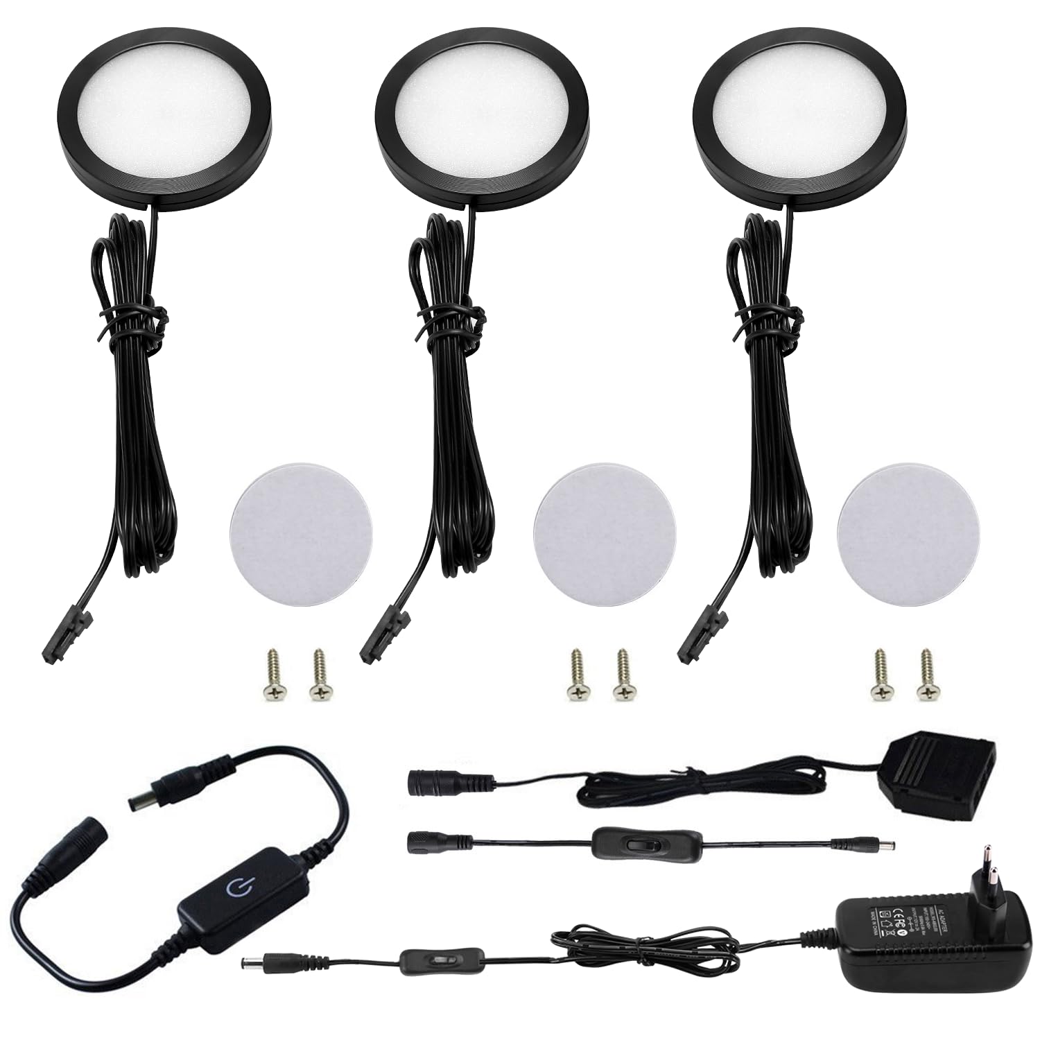 AIBOO Unterbauleuchte Küche LED Schwarz Dimmbar Schrankbeleuchtung 3 Stück Kaltweiß mit Schalter und Stecker 230V,Vitrinenbeleuchtung LED Unterschrank Beleuchtung Küche Unterschrankleuchte für Schrank