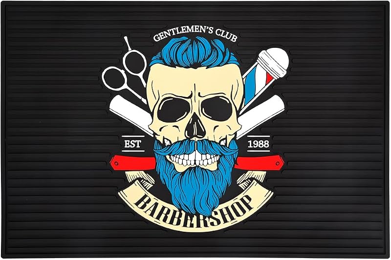 BARBERTOP Tapete flexível de borracha para estação de barbear, antiderrapante, preto e azul, 30 cm x 45 cm