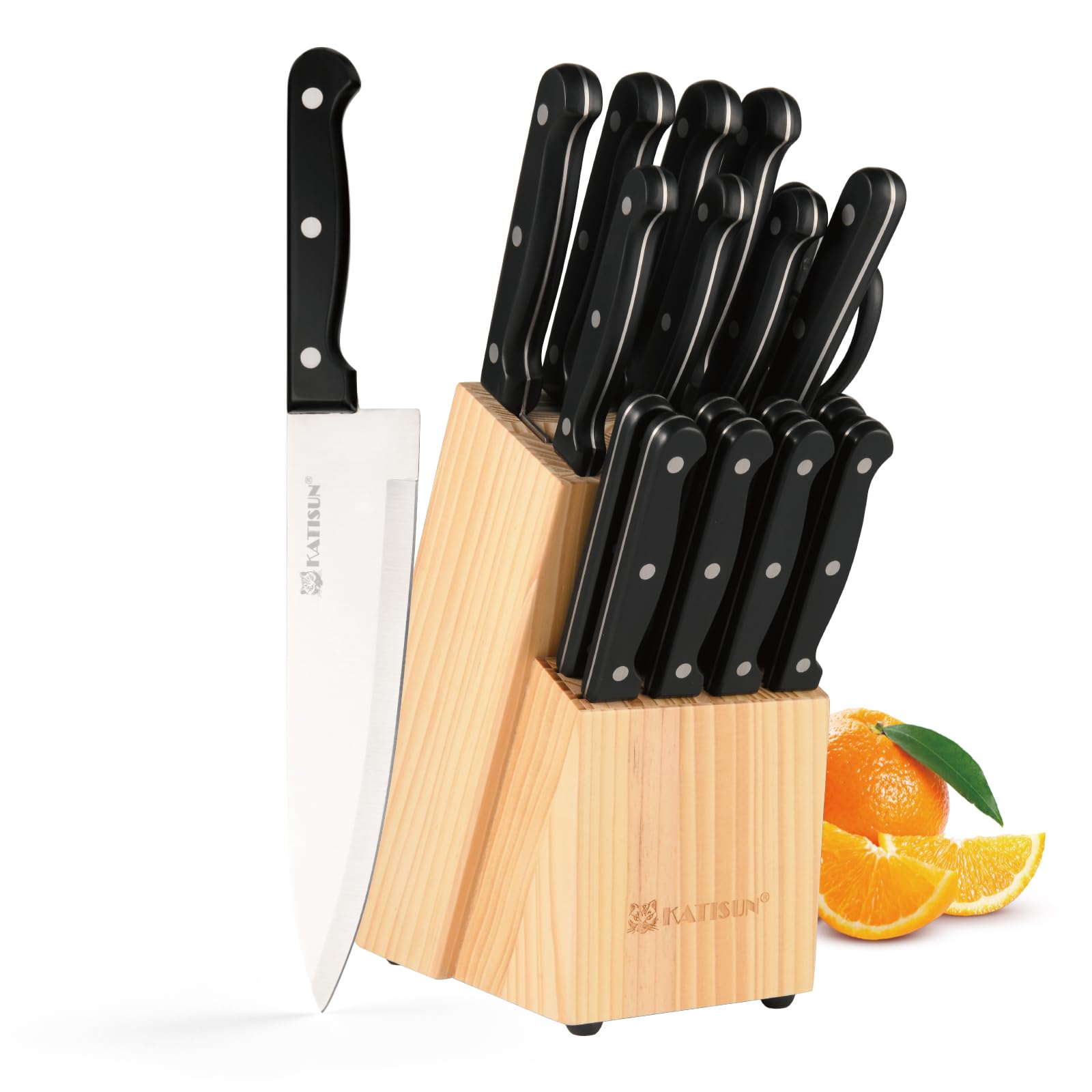 set de cuchillos, bloque de cuchillos 19 piezas, set de cuchillos de chef de acero inoxidable con bloque de madera, cuchillos de cocina profesionales con chaira, hojas afiladas, negro