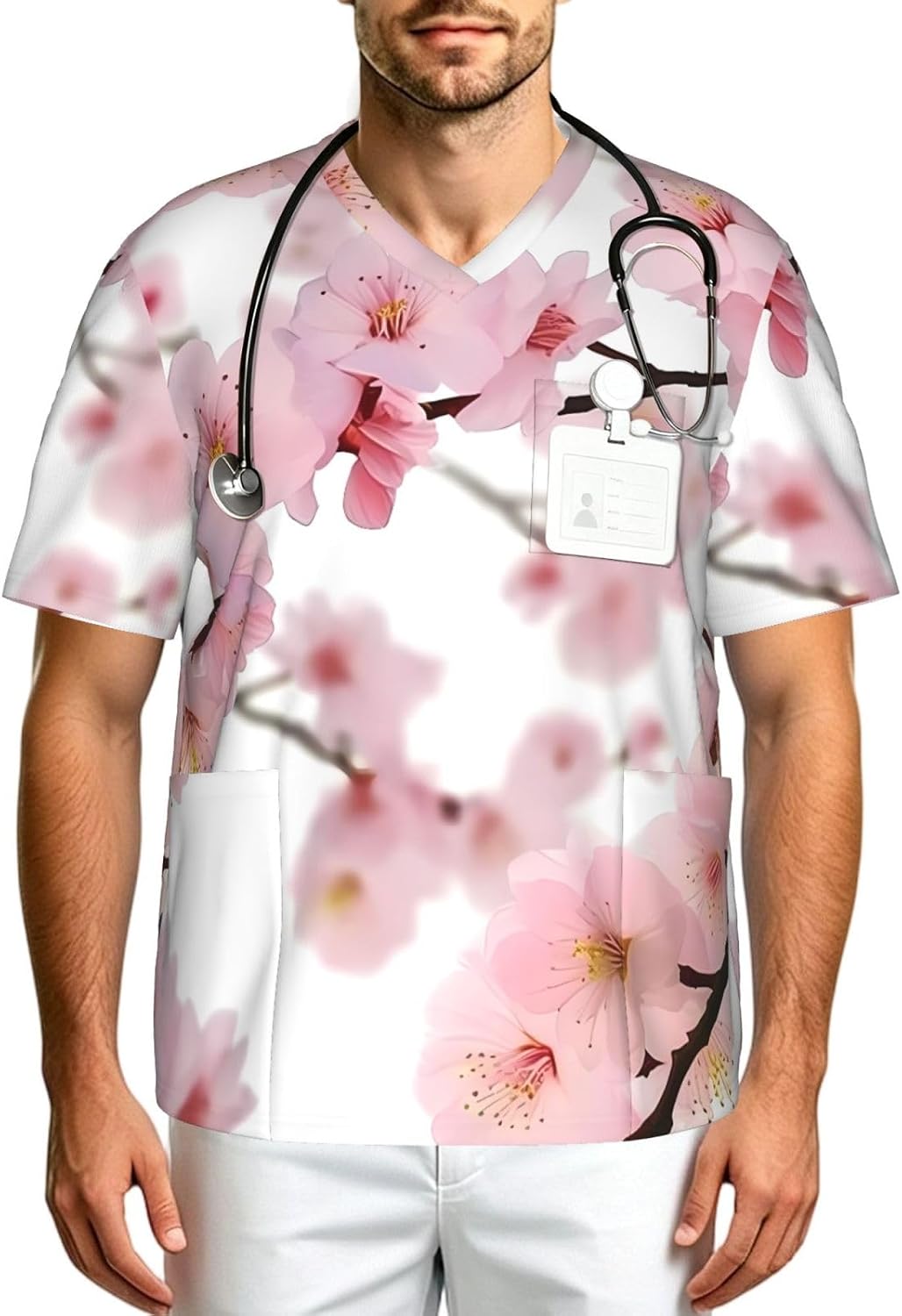 Professional Scrub Tops for Men, Classic V-Neck Workwear with 3 Pockets