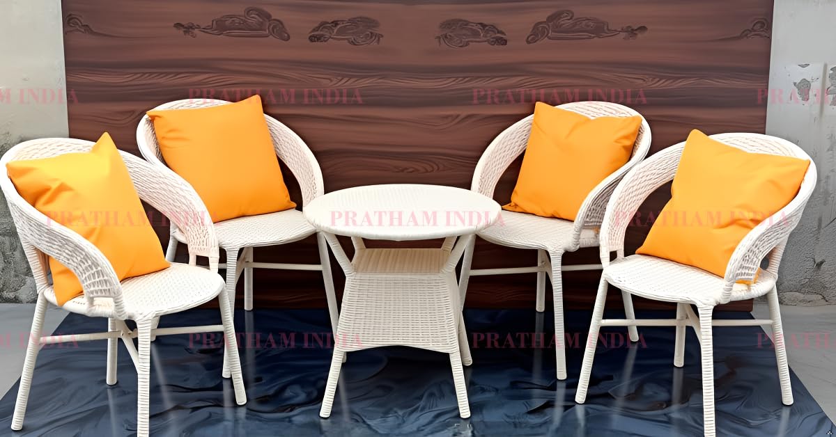 India Outdoor 5 Piece All Weather Wicker Patio Rattan Chair and Table Set with Iron Frame for Balcony Garden Poolside Deck (Cream with Yellow Pillow)-image-43