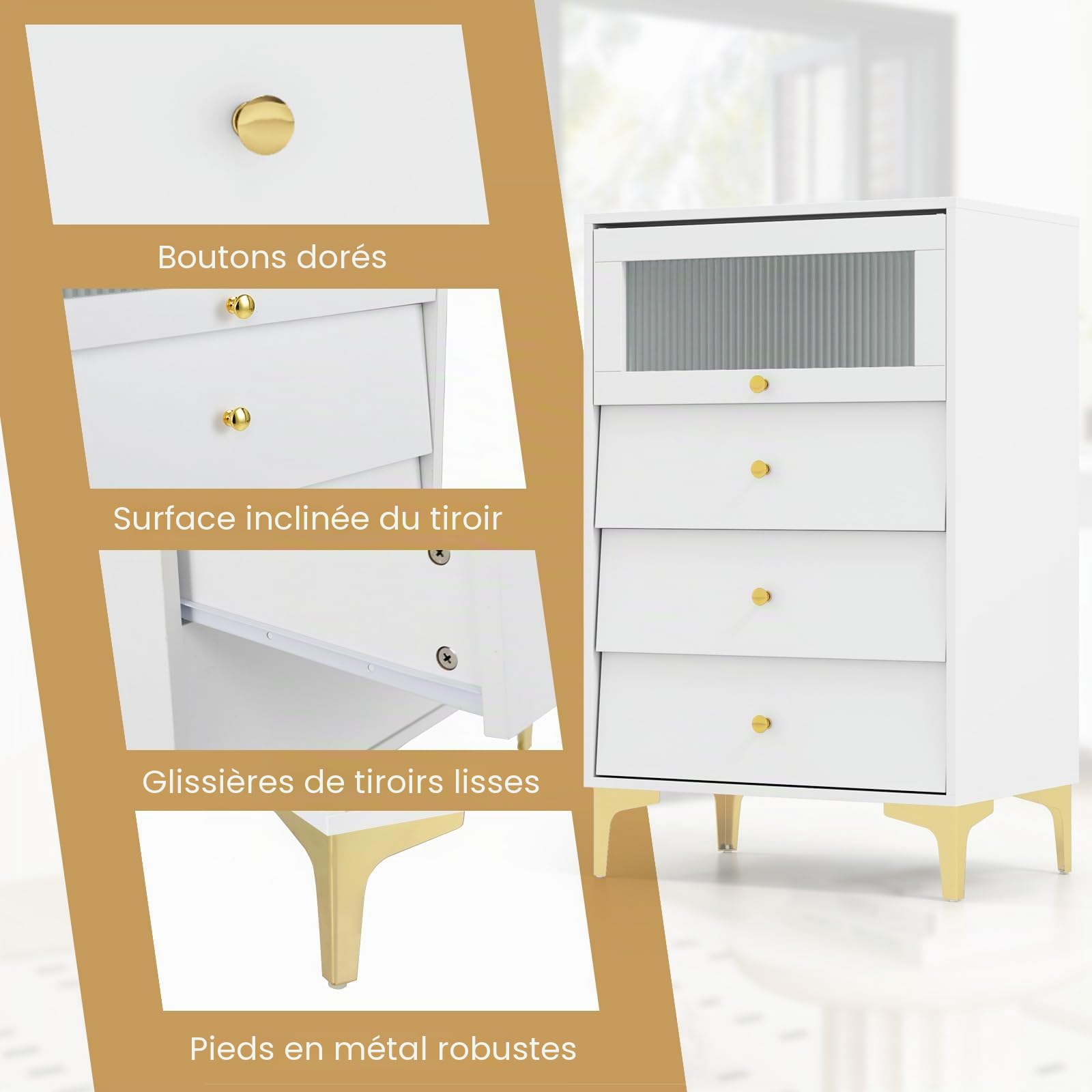 KOMFOTTEU Commode 3 Tiroirs, Armoire à Porte en Verre, 60x40x95,5cm