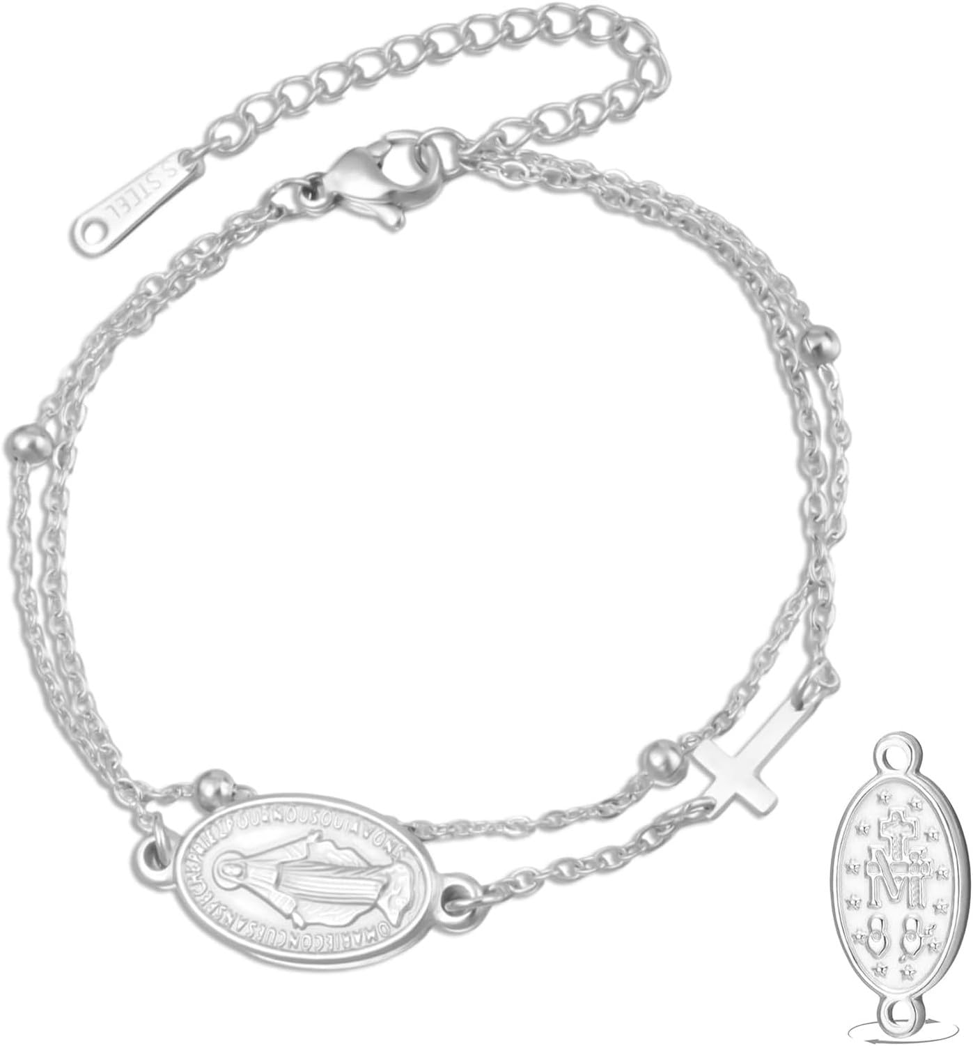 Wuufake Dispositivo portátil: pulsera doble cara con medalla de la Virgen de Guadalupe para hombre, cordón trenzado artesanal, joyería católica cristiana religiosa arte, silver 8