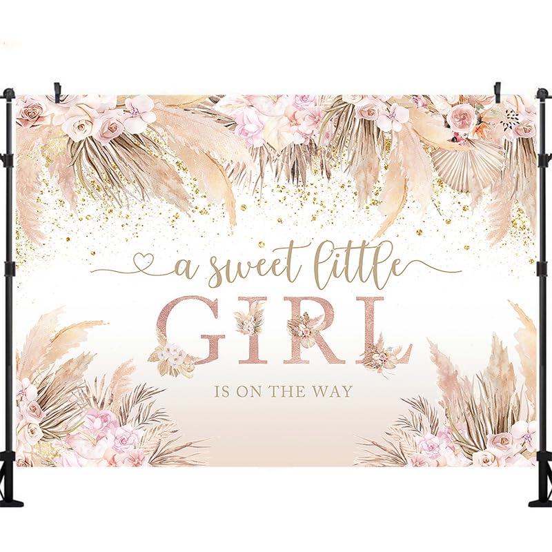 LJRHYEH Baby Shower Decorations Girl Backdrop, Boho Pink Floral Baby Shower Party Backdrops for Photoshoot, Pampas Grass, Photographic Studio Photo Backgrounds, Banner Supplies 7x5ft