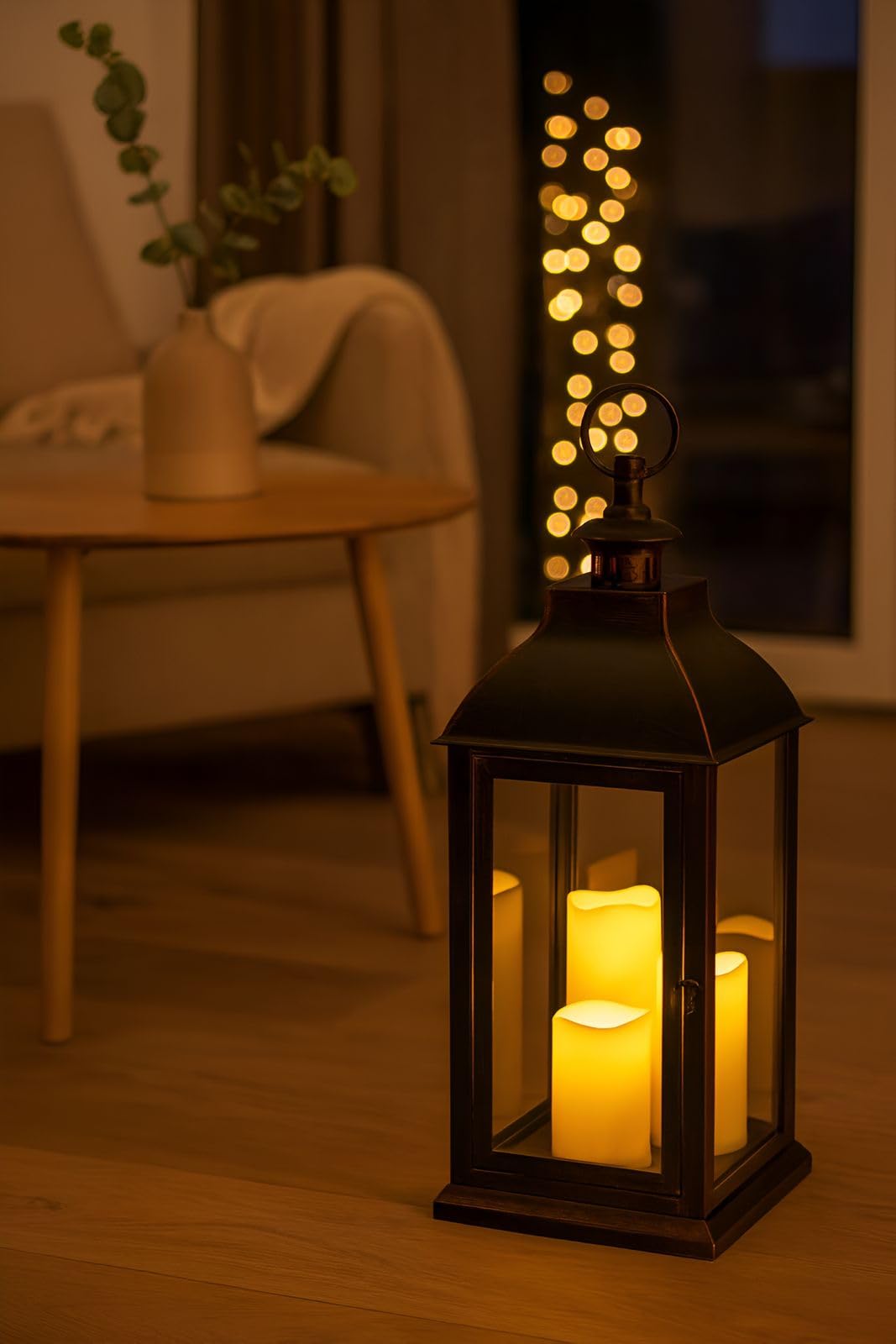 XXL Laterne Vintage 60 cm Windlicht Schwarz mit 3 LED Kerzen Timer Deko | BURI Dekolaterne mit Flackereffekt, Glasscheiben und Kerzenhalter für Innenbereich, Batteriebetrieb und Wohnambiente