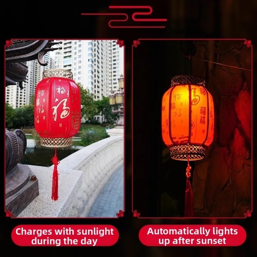 Linterna solar roja para colgar en el jardín al aire libre, decoración de estilo asiático resistente a la intemperie con LED de encendido automático para patio, patio, patio, 30 x 17 cm