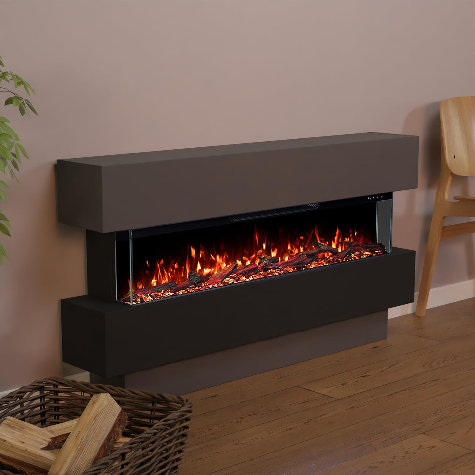 GF Core Elektrokamin Clear 42 mit realistischem 3D LED-Feuer - Stand-Elektrokamin mit Heizung und Kaminfeuer, App Steuerung, Knistereffekt & Timer, max. 1800 W, 129x69x21cm, Grau