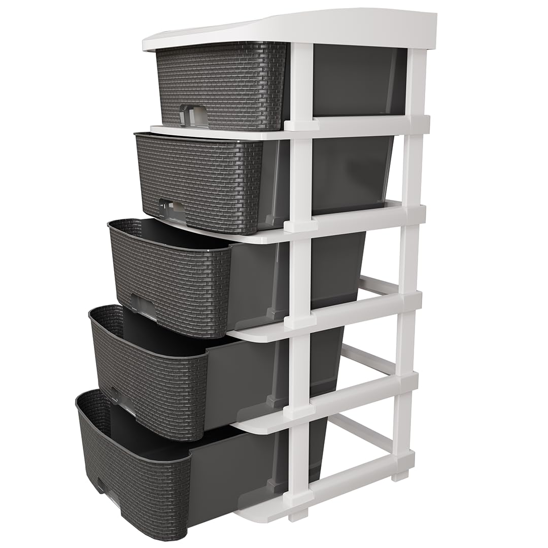 TEX-RO Plastic Modular Drawer Storage Chest of Drawers Organizer Storage Box | Large Stomo Racks for Multipurpose Organizers | Grey | 5 Layer