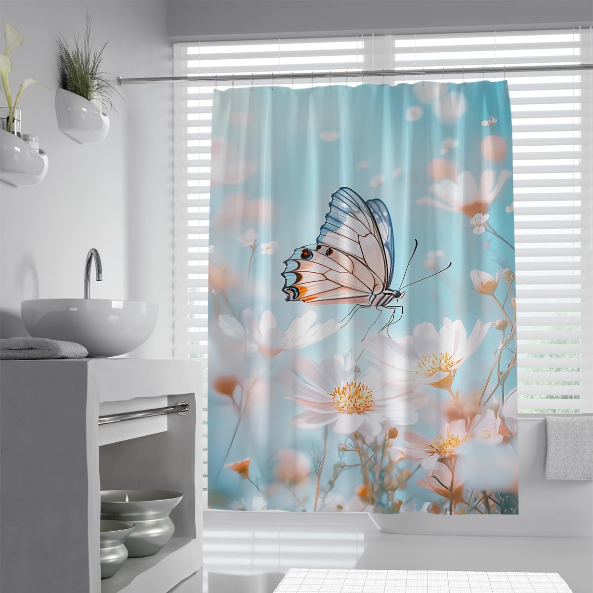 UERWOWELL Daisy Flower Shower Curtain Butterfly Landscape Fabric Bath Curtain Waterproof Washable Boho Romantic Aesthetics Bathroom Decorative Extra Long W180xL200 cm