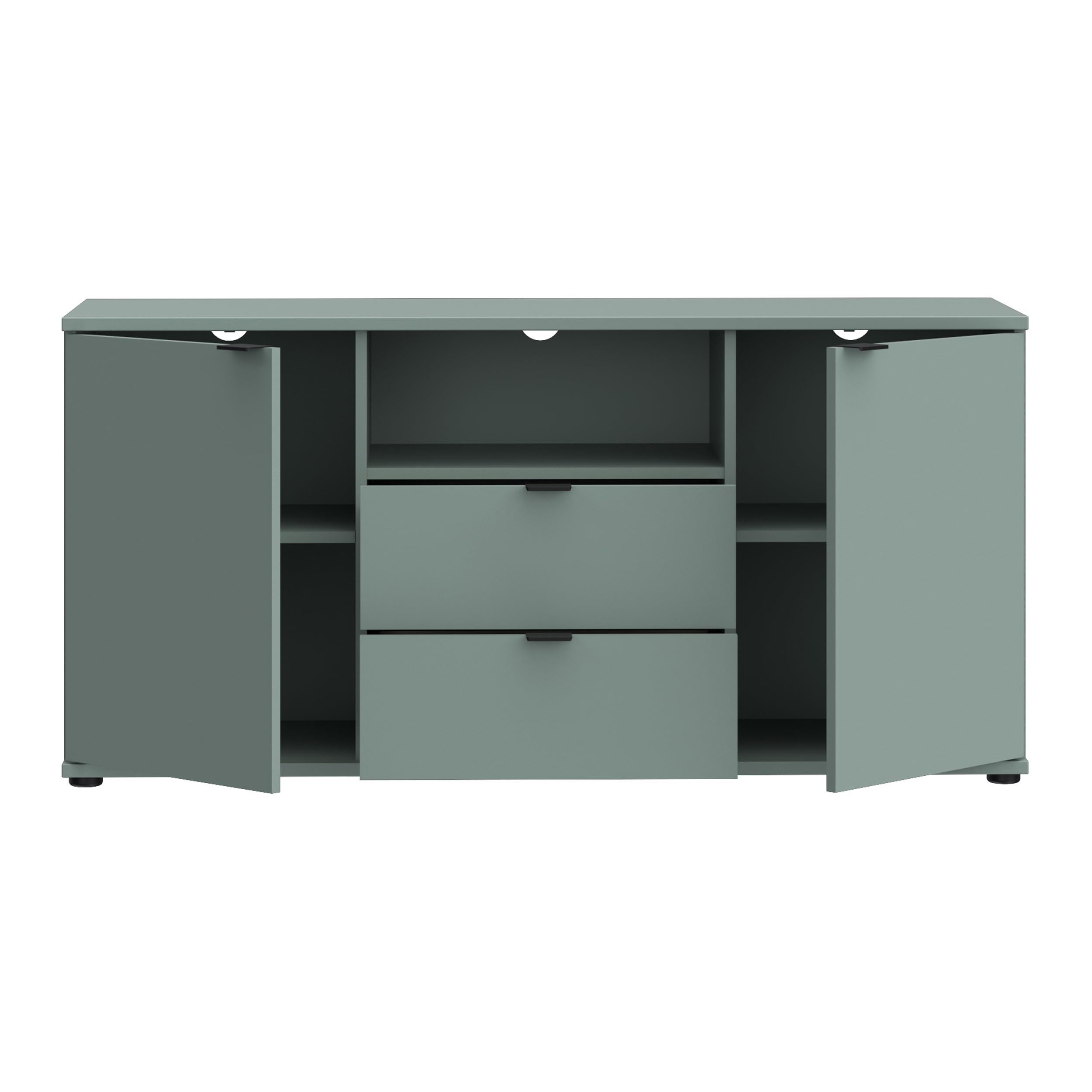 Forte Ganymede TV-Schrank 130, minimalistisches Lowboard, 2-türig, 2 Schubladen, offenes Fach, Holzwerkstoff, Wohnzimmer, Salbei, 129,8 cm breit x 63,1 cm hoch x 41,3 cm tief