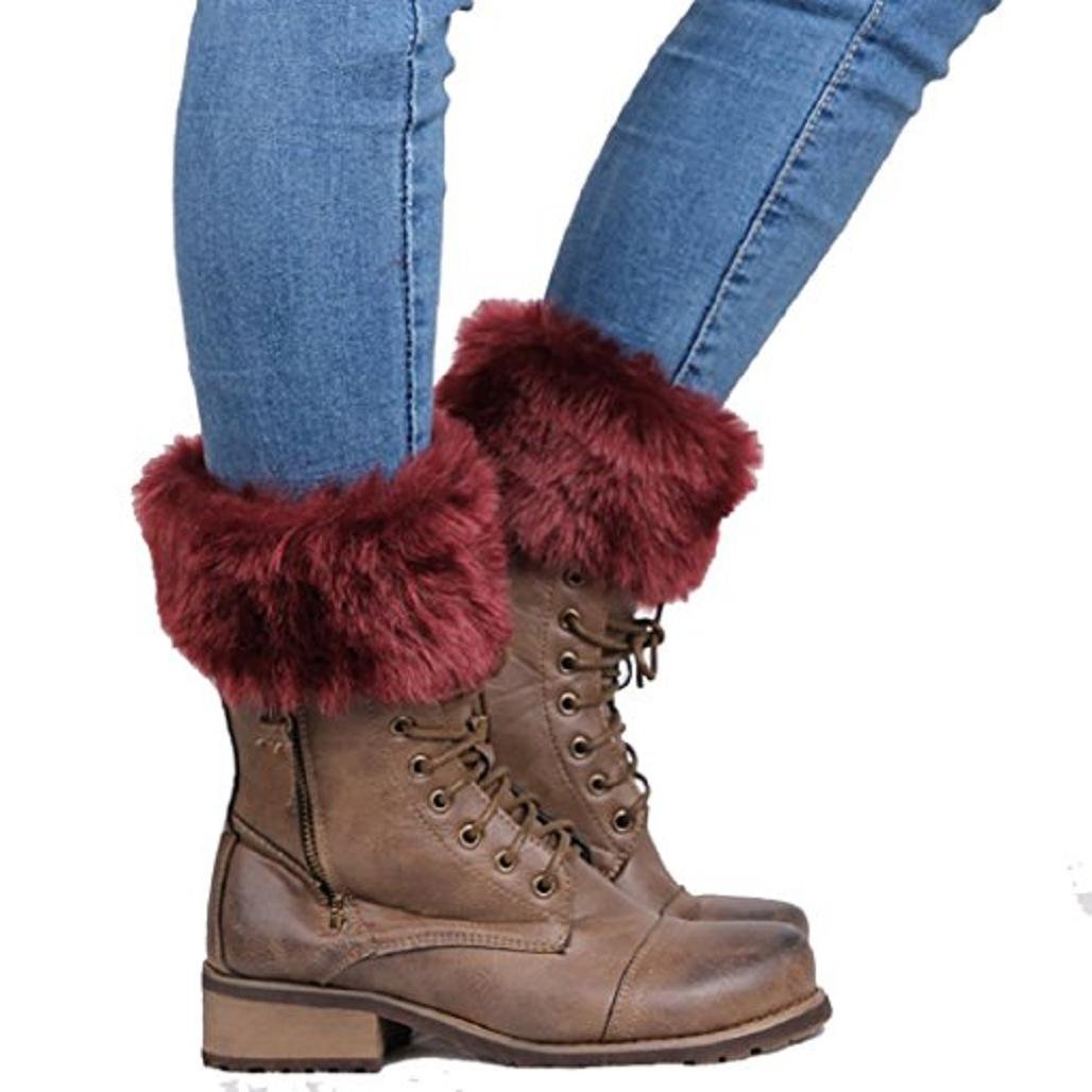 Greenlans Women's Autumn Winter Fashion Furry Ribbed Boot Cuffs Boot Toppers Leg Warmers Dark Red