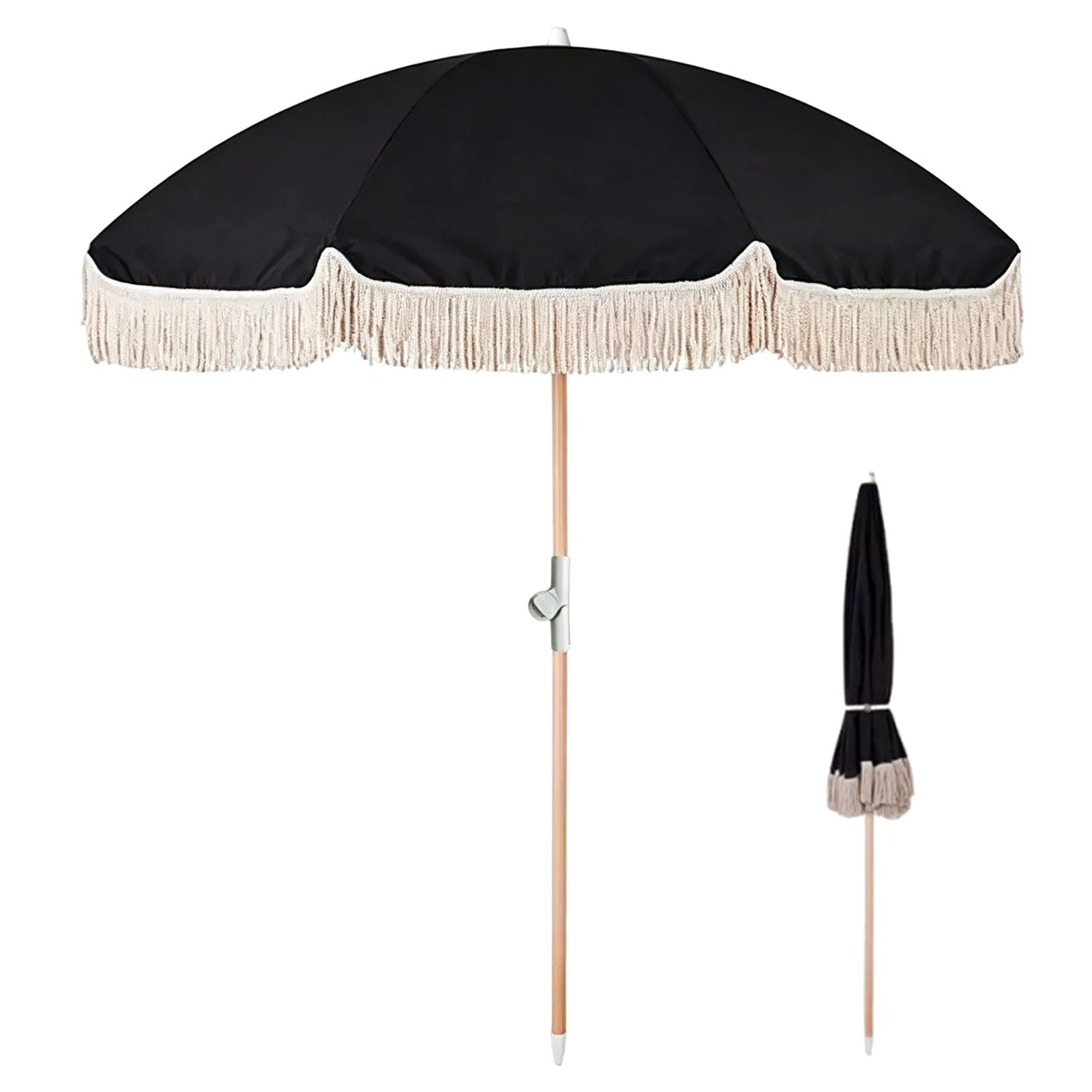 200 cm Czarny Parasol Plażowy Boho z Frędzlami, Składany Parasol Ogrodowy Ochrona UV z Drewnianym Drążkiem do Stołu, Basenu, Tarasowy