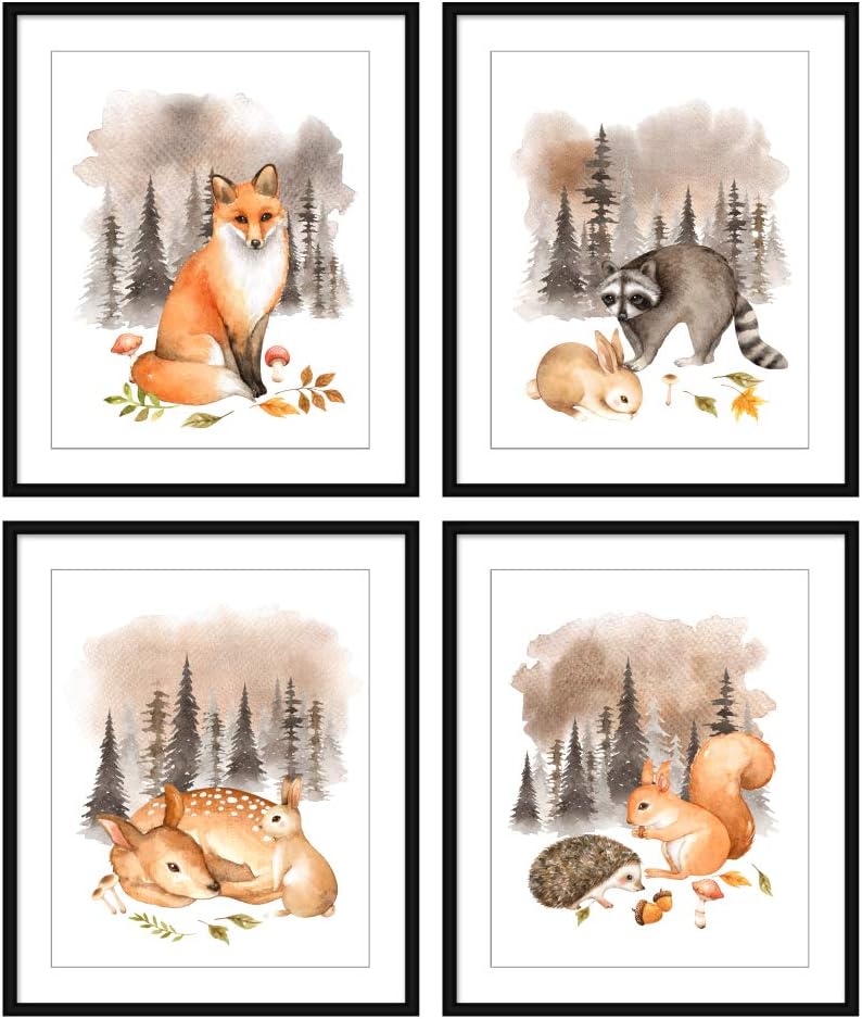 Set of 4 (8X10) Unframed Watercolor Woodland Animals Fox Raccoon Deer Bunny Squirrel Hedgehog Nursery Art Prints Kids Baby Room Wall Decor BBPAP006
