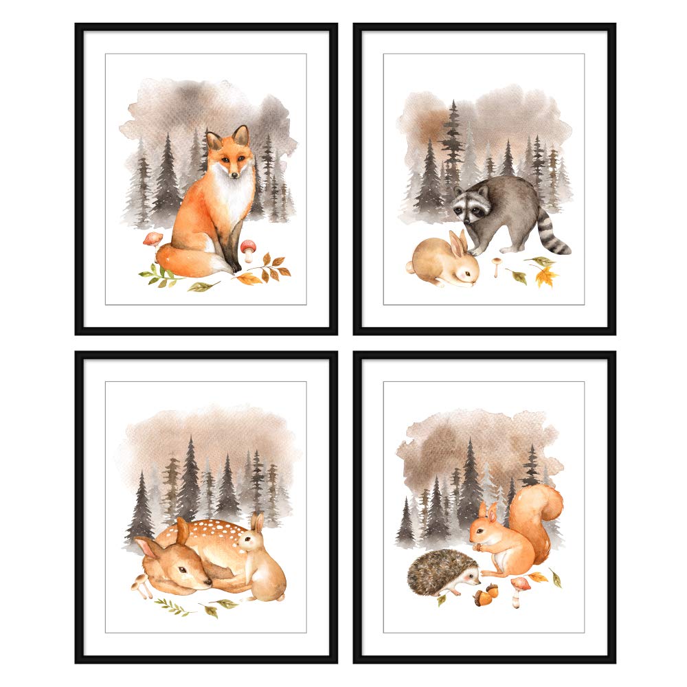 Set of 4 (8X10) Unframed Watercolor Woodland Animals Fox Raccoon Deer Bunny Squirrel Hedgehog Nursery Art Prints Kids Baby Room Wall Decor BBPAP006